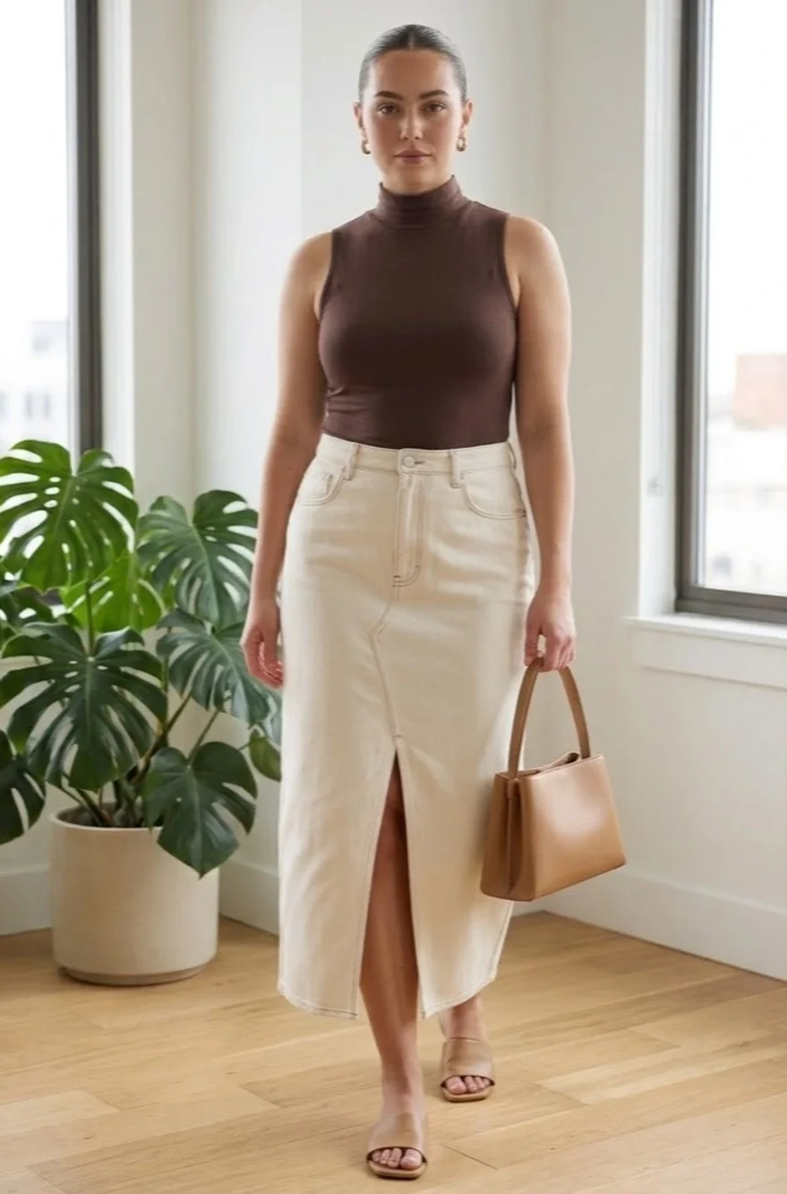 Blank NYC Off-White/Ekru Denim Maxi Skirt Front Slit Size 29